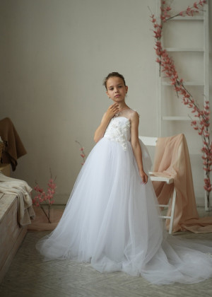 Beaded White Lace Tulle Sheer Back Flower Girl Dress